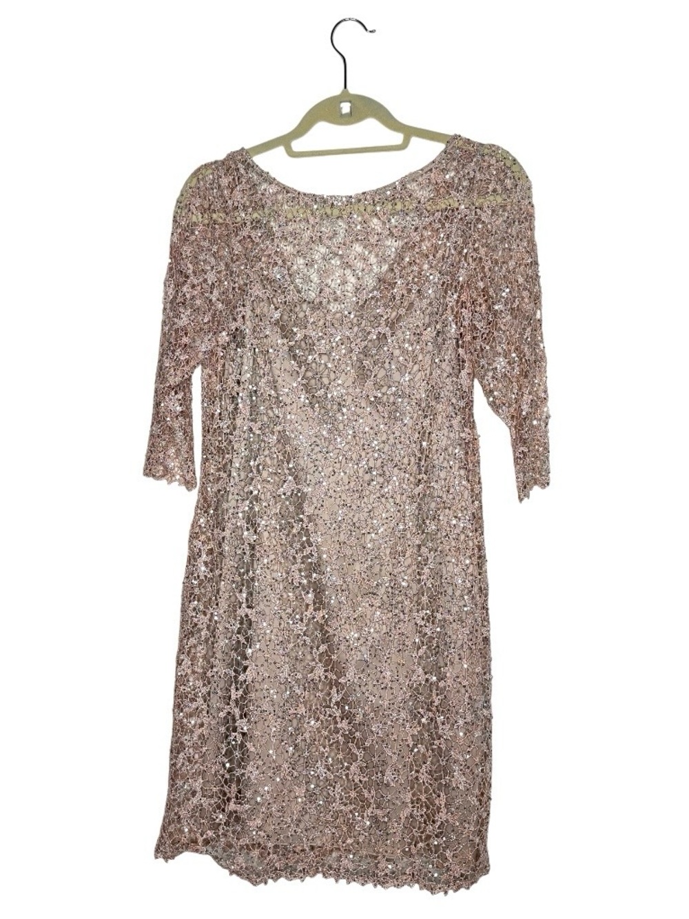 Kay Unger Slip Lace Dress With Sequins 3/4 Sleeves Rose Gold/ Tan Size 10